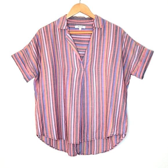 MADEWELL Courier Button Back Rainbow Stripe Boxy V-Neck Shirt size Small - Picture 1 of 12
